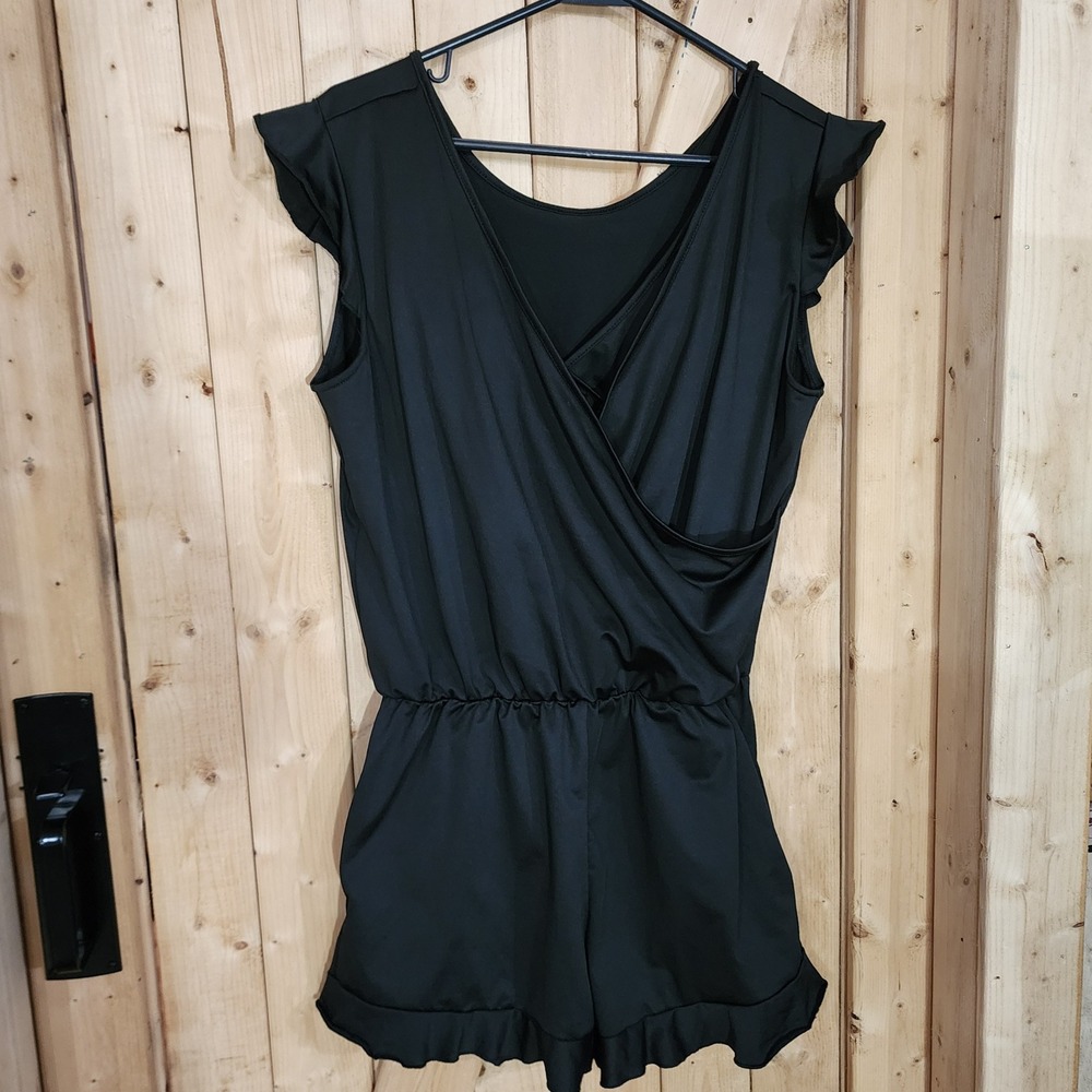 Womens swimsuit Black Surplice V-Neck Romper Flutter Sleeve Shorts Large pockets